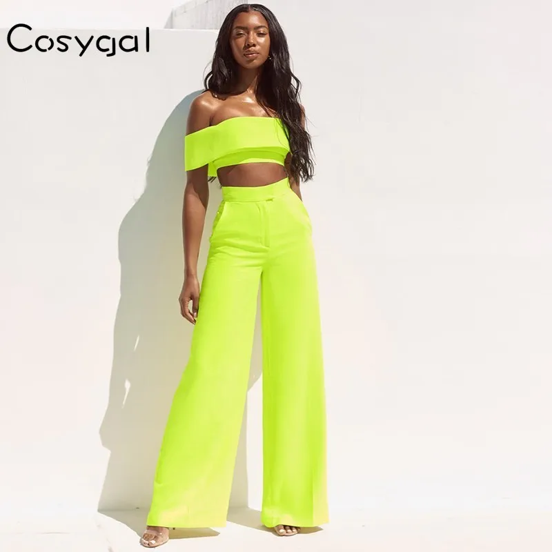 

COSYGAL Slash Neck Button Closure Two Piece Set Fluorescent Green 2 Piece Set Women Set Sexy Club Outfits Festival Clothing 2019