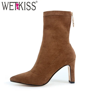 

WETKISS Stretch Boots Winter Women Pointed Toe Socks Boots Zipper Fashion Short Plush Shoes Ladies High Heels Suede Footwear