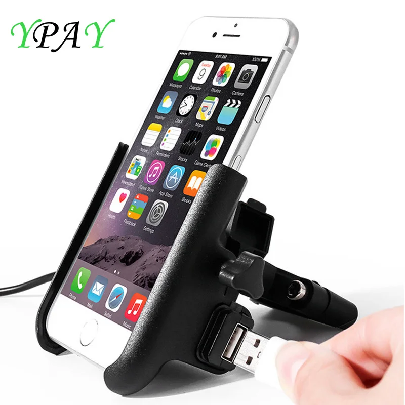 

YPAY Aluminium Charging Motorcycle Phone Holder Rearview Mirror Handlebar Mount bicycle phone holder 12-24V USB Charger Stand