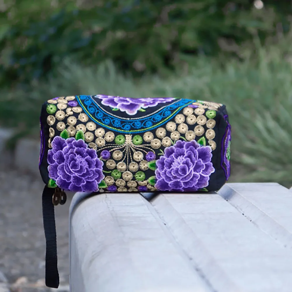 Длинный кошелек для женщин и девочек в этническом стиле ручной работы с вышитым ремешком, портативный клатч на молнии, винтажный цветочный холщовый кошелек