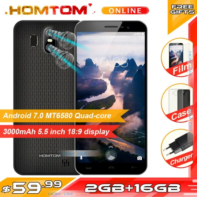 Original HOMTOM S16 5.5&quot18:9 Full Screen Android 7.0 Quad Core Smartphone 2GB+16GB Dual Back lens 3000mAh 3G Fingerprint ID | Мобильные