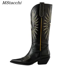 Mcacchi/Новинка года; сапоги до колена из натуральной кожи с вышивкой; женская зимняя обувь с острым носком на не сужающемся книзу массивном каблуке; пикантные женские сапоги В рыцарском стиле