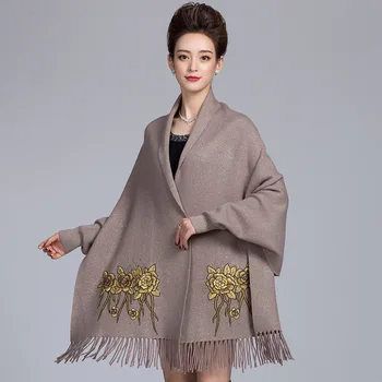 

Women Embroidery Floral Crystal Cape With Long Sleeve Winter Warm Tassels Wrap Pashmina Artificial Cashmere Shawls Scarves