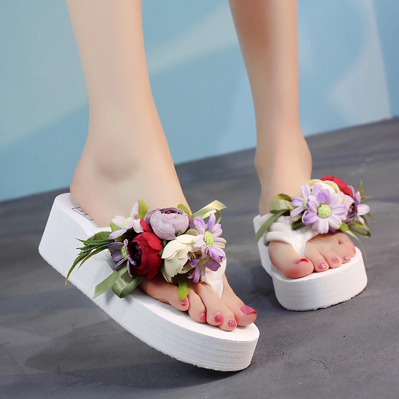 

SHUJIN Summer Bohemian Flip-Flops Non-Skid Toe Flower Slippers Flip-flops Beach Shoes Sandals 2019 Ladies Platform Slipper