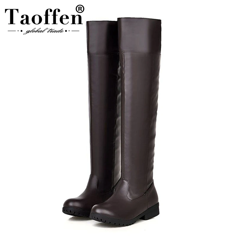 

Taoffen Plus Size 34-48 Pu Leather Women Over The Knee Boots Slip On Round Toe Flats Shoes Winter Warm Fur Women Footwear