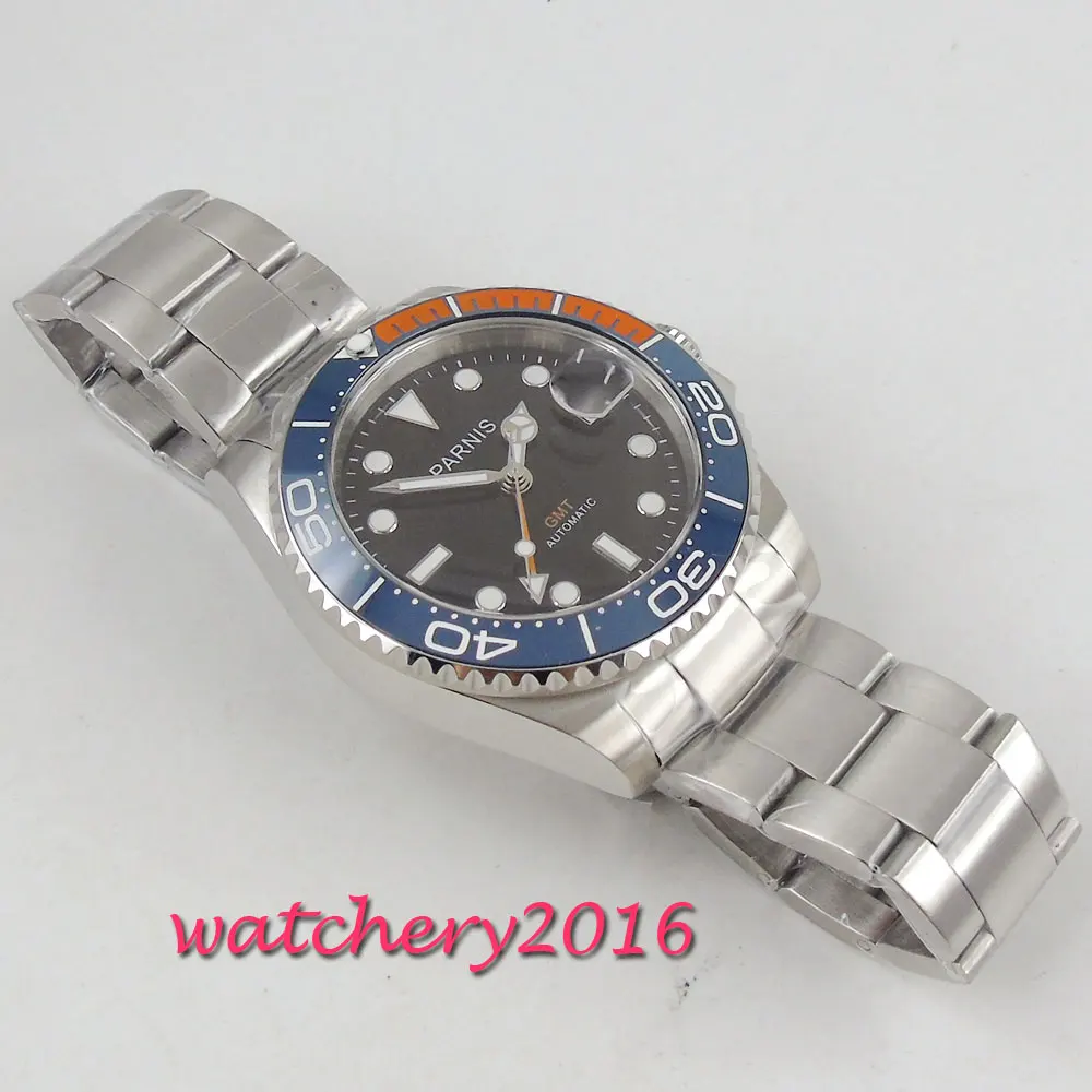  40mm parnis Black Dial Sapphire Glass GMT Rotating Ceramic Bezel Luminous marks Date Top Brand mech
