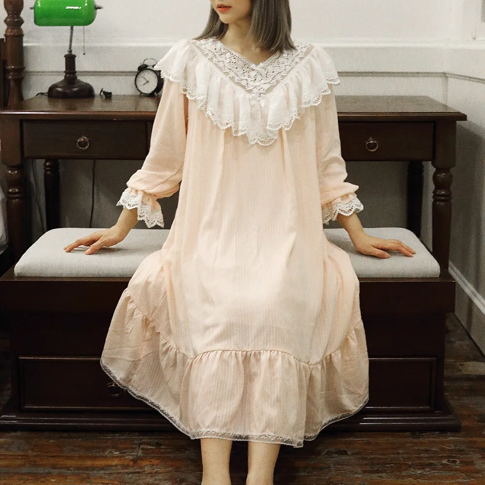 Женская винтажная розовая ночная рубашка с v-образным вырезом Lolita Princess кружевная
