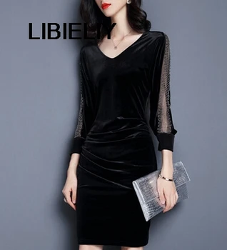 

Women Party Dresses Gray V-Neck Three Quarter Sleeve Patchwork Elegant Celebrity Vintage Dress Nice Spring Velvet Black Dress