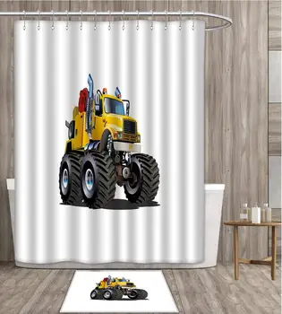 

Truck Shower Curtain Mildew Resistant Illustration of a Giant Wheeled Monster Truck Mechanic Beast Emergency Bathroom Decor
