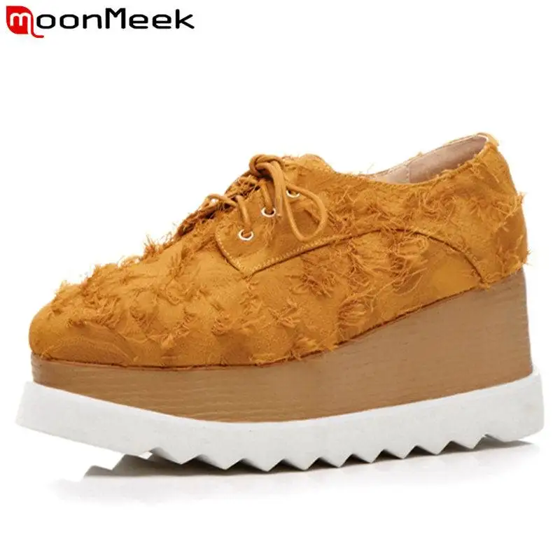 

MoonMeek 2020 HOT fashion quality microfiber pumps women wedges square toe lace up spring autumn shoes ladies shoes SIZE 33-42