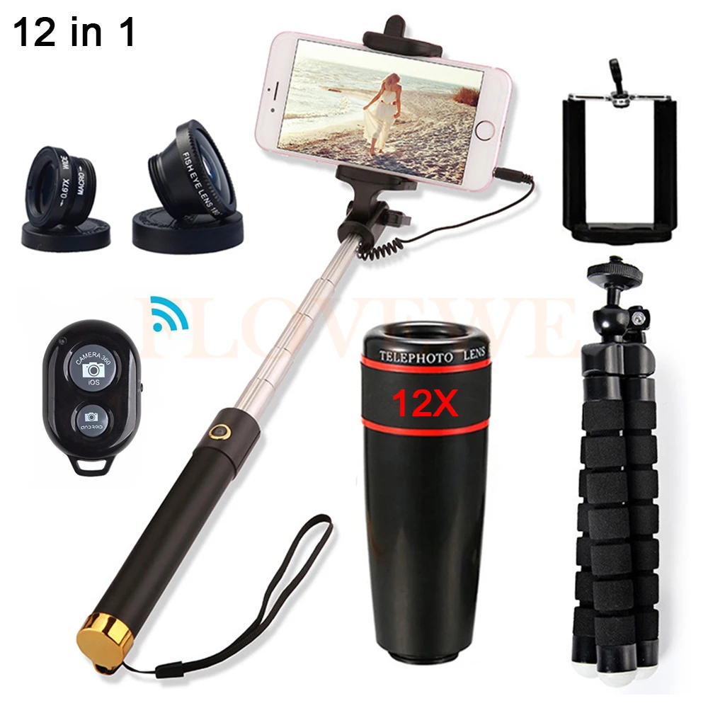 

12X Zoom Telephoto Lens Fisheye Wide Angle Macro Lentes Telescope With Selfie Stick Clip Tripod Smartphone Cell Phone Lneses Kit