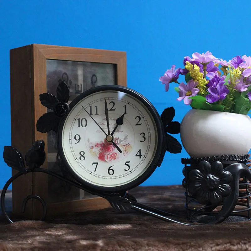 Rural Style Metal Bird clock Home Decoration Handwork Garden Table clock With Pen Pot Black White Colour Rural Style Metal Bird clock Home Decoration Handwork Garden Table clock With Pen Pot Black White Colour