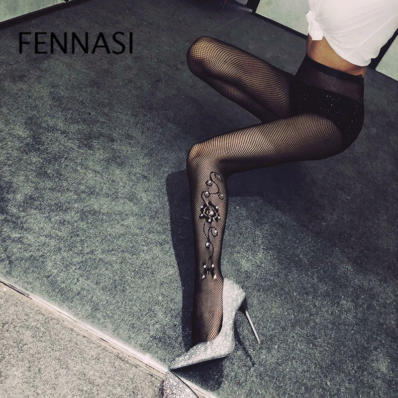 

FENNASI Hot Sexy Womens Fishnet Tights Mesh Pantyhose Jacquard Shiny Rhinestone Nylon Stockings Female Hosiery Collant