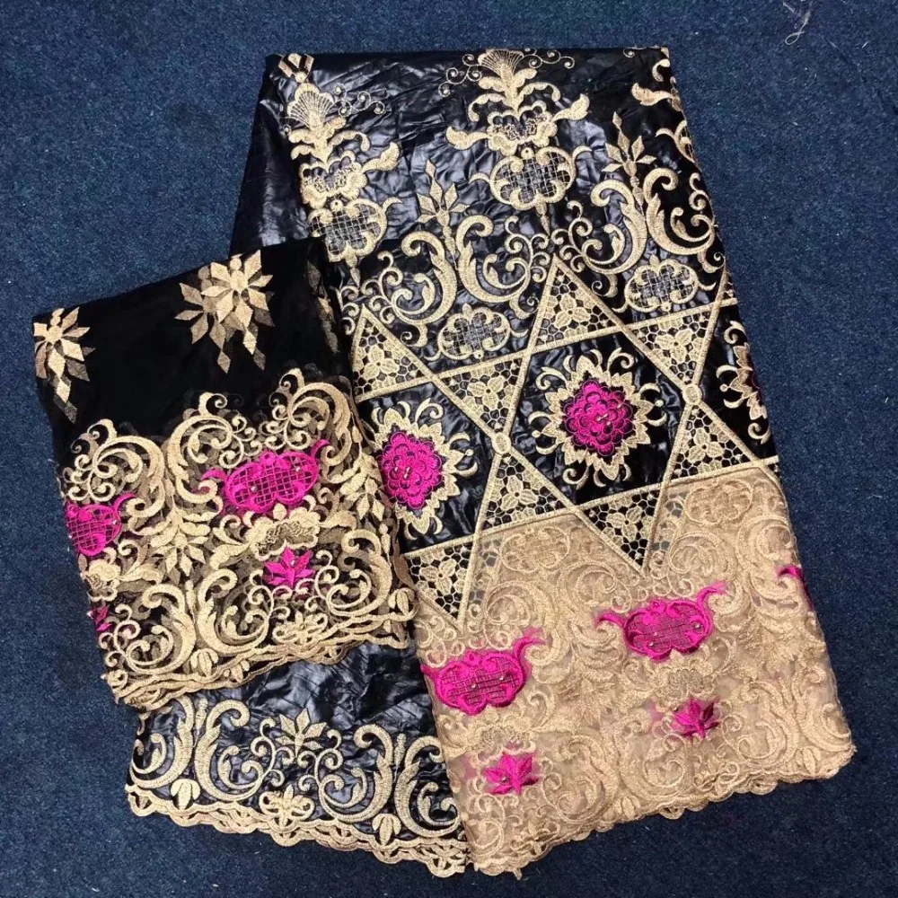 

(5yards +2yards ) 2018 New arrival black African Bazin Riche Getzner fabric with Embroidery lace for dress