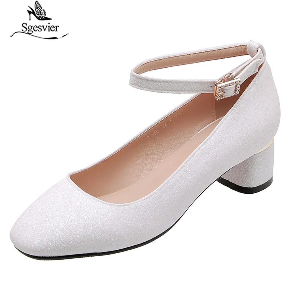 

Sgesvier 2019 Block Med Heels Ladies Shoes Woman Red White Gold Silver Crystal Ankle Buckle Womens Pumps Big Size 32-43 G617