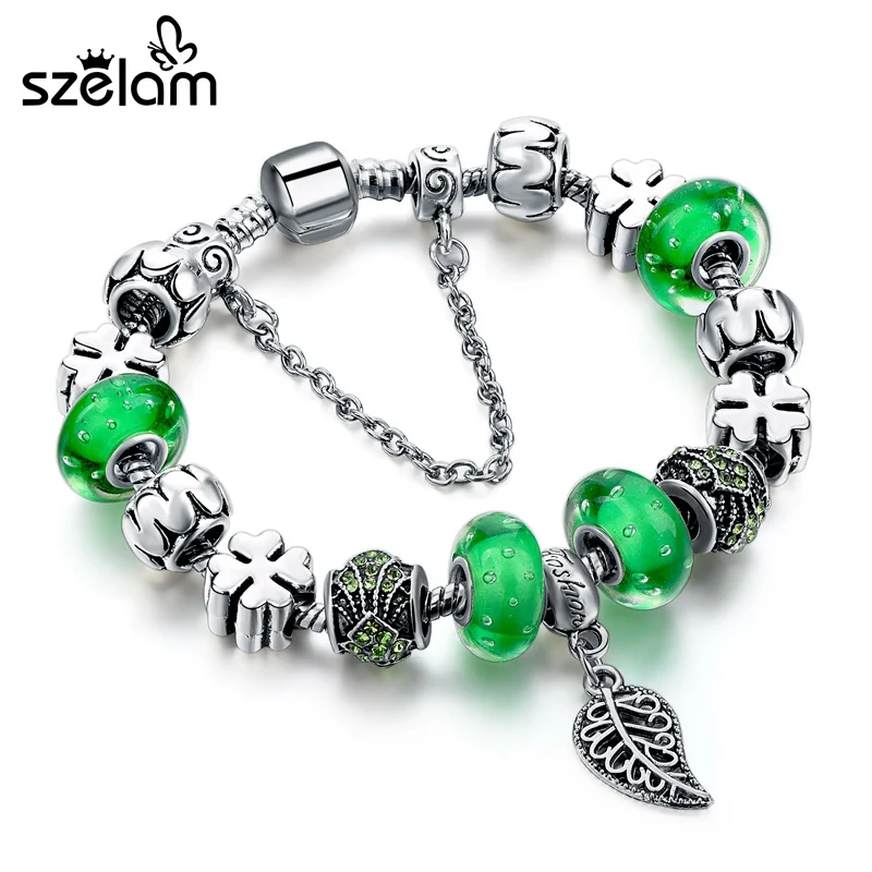 

Szelam Leaf Charm Bracelets & Bangles With Green Murano Glass Beads Silver Color Bracelet Women Pulseras Mujer SBR160236