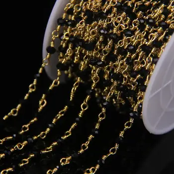 

5Meter 2x3mm Black Agate Glass Beads Faceted Rondelle Chains,Gold Plated Wire Wrapped Small Rosary Chain Necklace Jewelry making