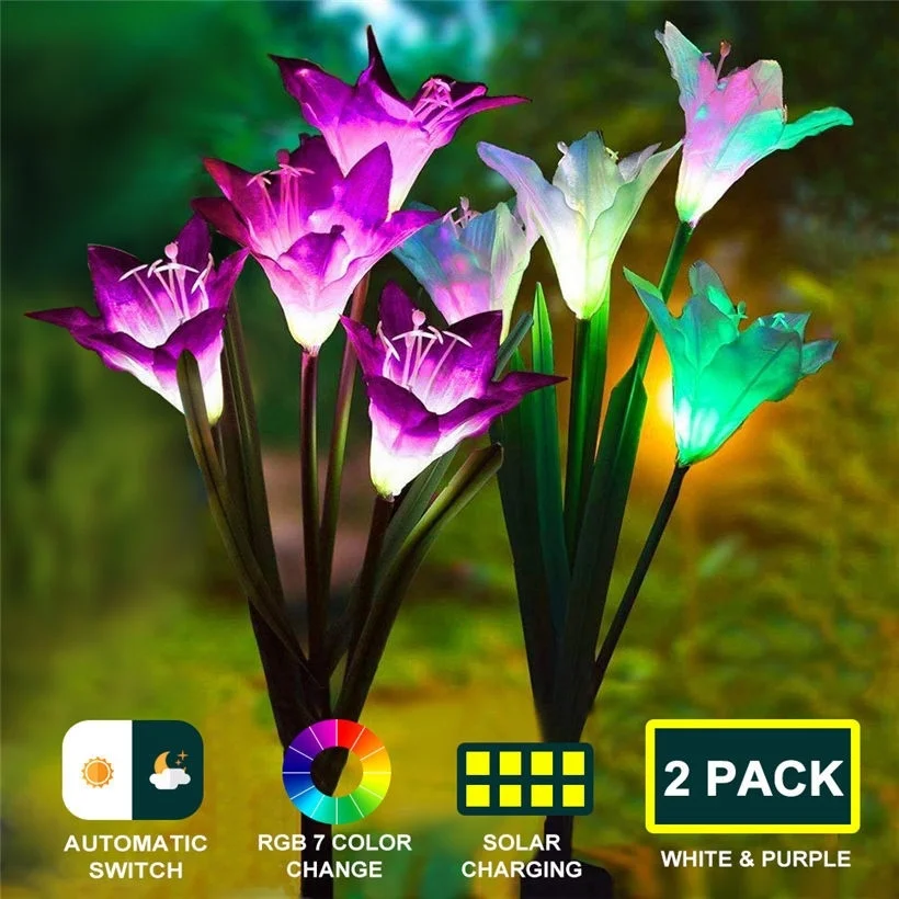 

New Flowers Solar Lawn Light 2Pcs/lot Lily-Shape Multi-Color Changing LED Solar Powered Lights for Garden Patio Yard Decoration