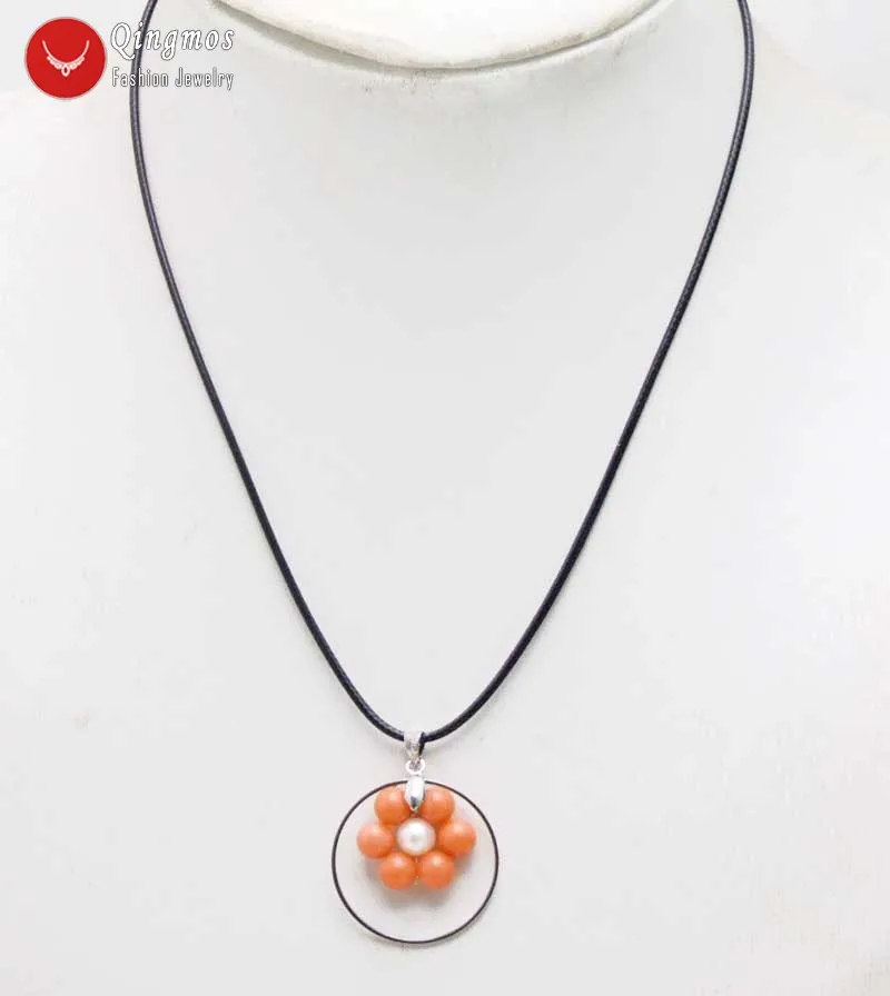 

Qingmos 28mm Metal Circle Natural Pink Coral Pendant Necklace for Women with White Pearl Chokers Necklace Cord 19" Jewelry 6391