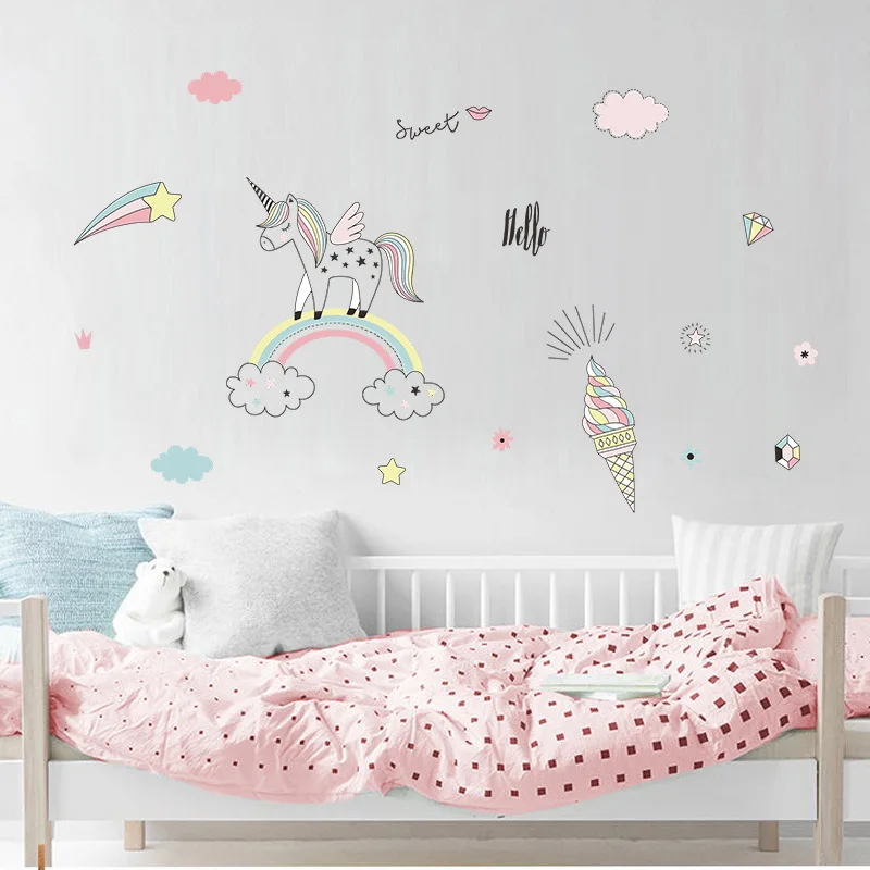 

Cute Unicorn Rainbow Ice Cream Cloud Wall Stickers PVC Wall Decals For Kids Girl Children Room DIY Poster Wallpaper Home Decor