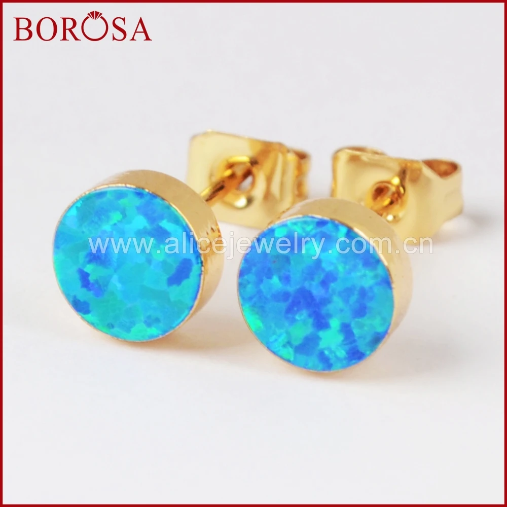 

BOROSA High Quality Gold Color Round White and Blue Japanese Opal Stud Earrings Gems Earring for Women Druzy Jewelry G1426