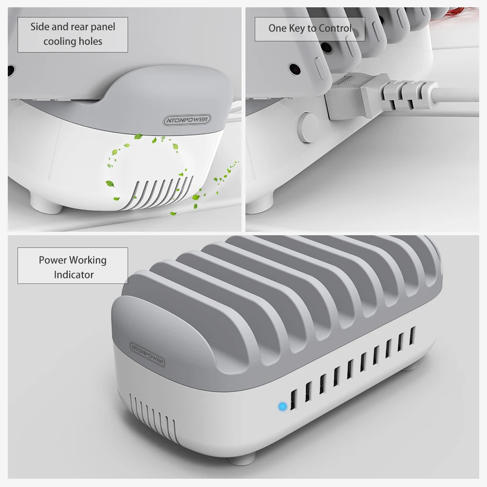  NTONPOWER Desktop Multi USB Charging Station Dock with Phone Holder Organizer 10 Ports 2.4A Fast Ch