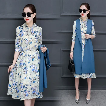 

new women's clothing set 2018 spring Korean fashion suits office lady two-pcs dress chiffon long sleeve dress & long blazer vest