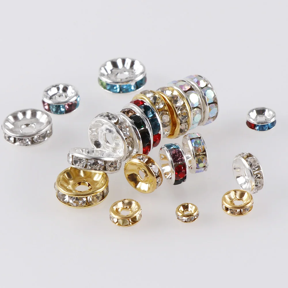 

100pc Gold Silver Color Crystal Rhinestone Round Loose Spacer Beads 4 6 8 10mm DIY Bracelet Beads for Jewelry Making Accessories