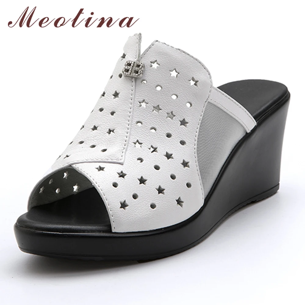 

Meotina Women Slippers Summer Shoes Natural Genuine Leather Crystal Wedge High Heels Shoes Cutout Peep Toe Slides Lady Sandals 9