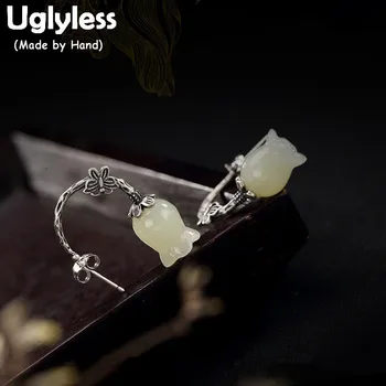 

Uglyless S 925 Sterling Silver Natural White Jade Lily Flower Dangle Earrings for Women Ethnic Handmade Butterfly Brincos Retro