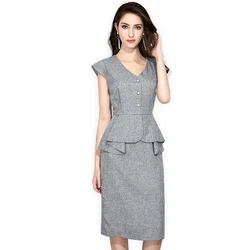 Cuello Delgado de las Mujeres Era Delgado Vestido de Verano Nuevo Vestido de Fondo Gris Costura de la Cadera Vestido sin Mangas Cuello Delgado de las Mujeres Era Delgado Vestido de Verano Nuevo Vestido de Fondo Gris Costura de la Cadera Vestido sin Mangas