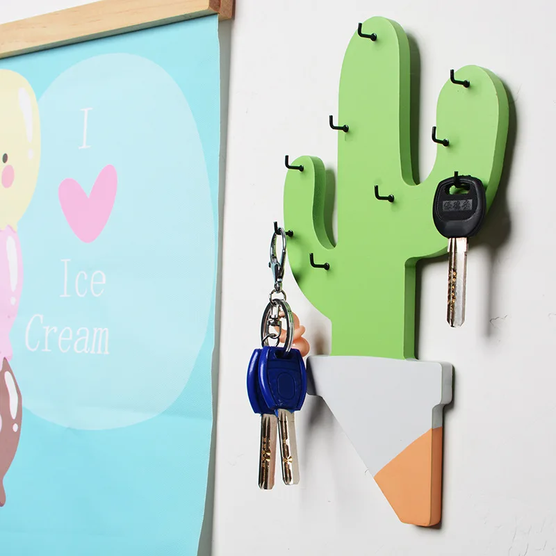 

New Nordic Wooden Cactus Decorative Frame Home Office Lobby Wall Key Hanger Creative Living Room Decoration Storage Rack
