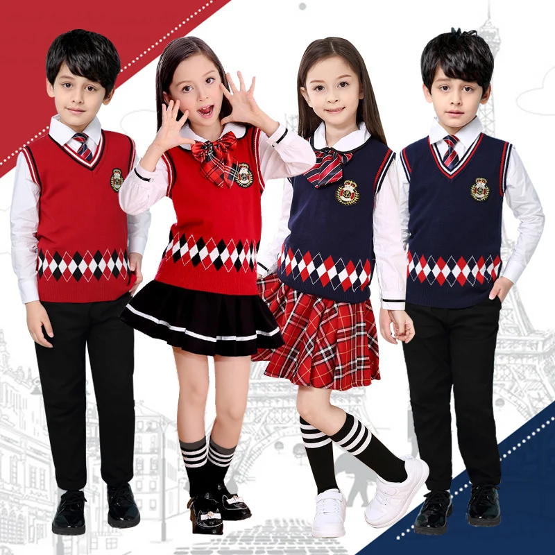 Бренд LEHNO, осенне-Весенняя школьная форма для мальчиков и девочек, одежда для учеников начальной школы, рубашка+ вязаный жилет+ юбка+ галстук, комплект из 4 предметов