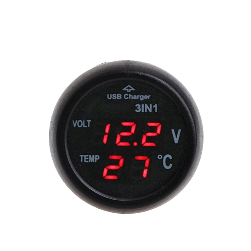 

3 in1 Car Auto Digital LED USB Car Charger Cigarette Voltmeter Thermometer Voltage Temperature Meter Monitor