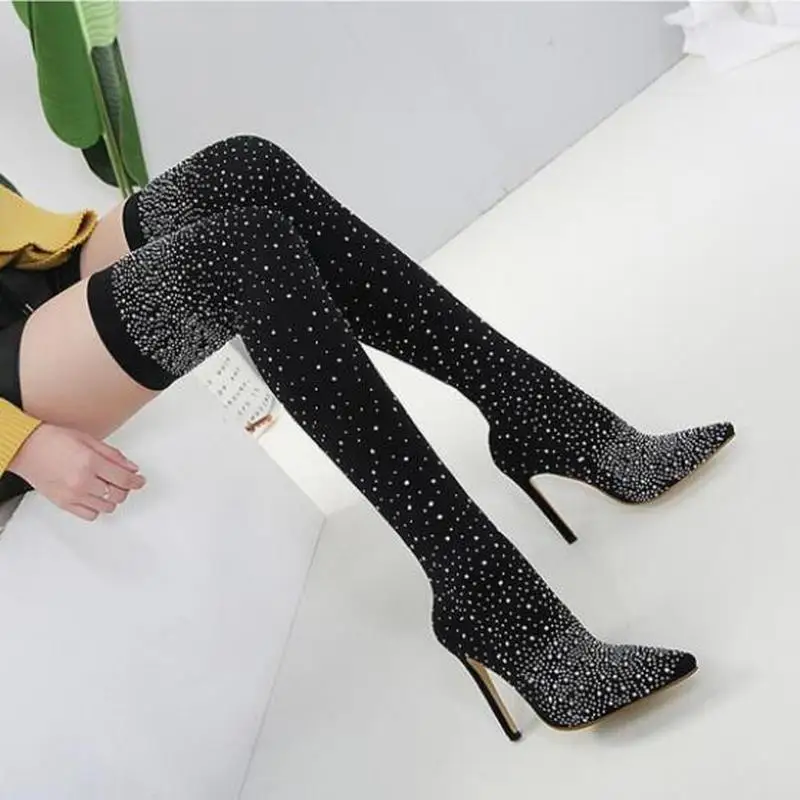 

Dwayne 2019 Fashion Crystal Stretch Fabric Sock Boots Pointy Toe Over-the-Knee High Heels Thigh High Pointed Woman Single Boot