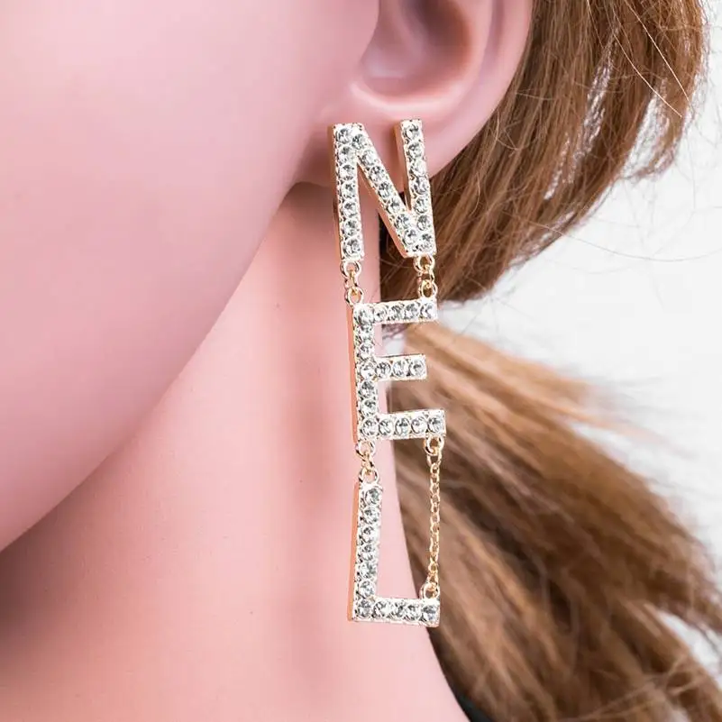 

Chic statement earrings 2019 Letters Long Dangle Earrings For Women Geometric Crystal Word Drop Earrings hippie Jewellery