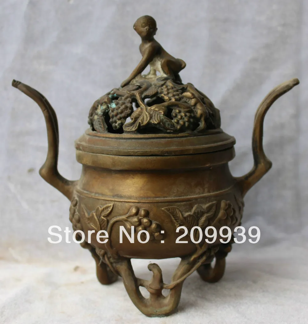 

00854 8" Marked Chinese Bronze Monkey Grape Leaf Incense Burner Censer Sculpture statue (A0322) A0403