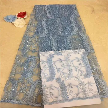 

2019 High Quality African Lace Fabric Blue French Net Embroidery Sequins Tulle Lace Fabric For Nigerian party Dress