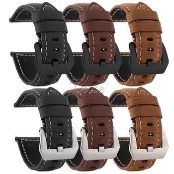 

Pelle 20 22 24 26mm Smartwatch Bands Vintage Crazy Horse Genuine Leather Strap Replacement with Black and Silver Buckle