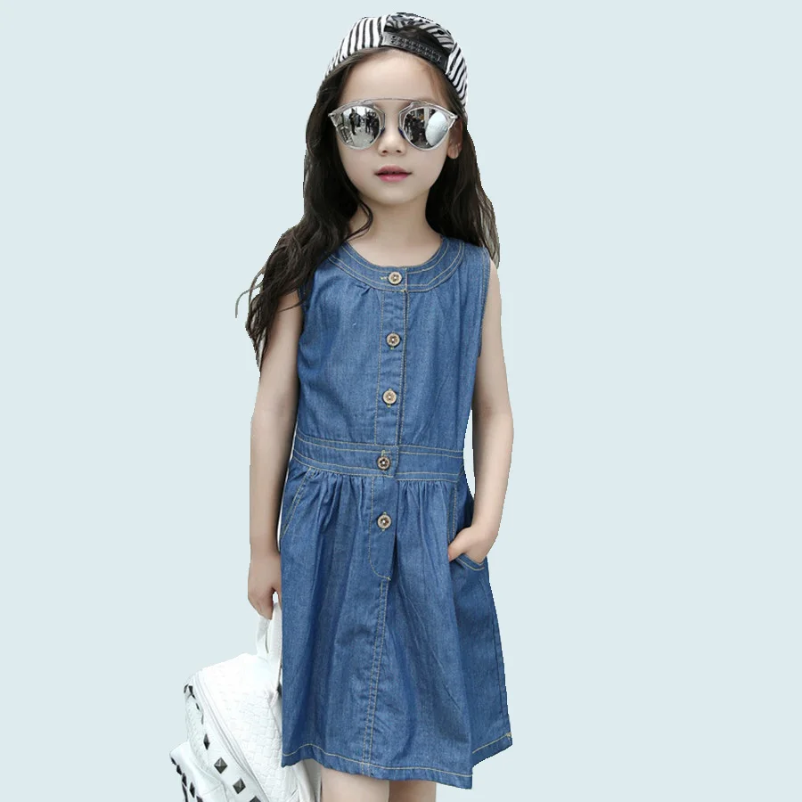 

Jeans Dress For Girls Summer European Beautiful Vintage Button Dresses For Children Pretty Pockets Sleeveless Denim Dress Kids