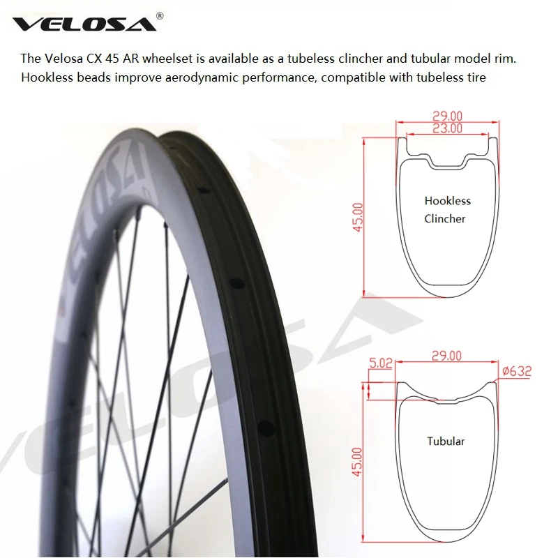 Velosa CX45-SL дорожный мотоцикл дисковый тормоз с дисковыми тормозами, 45 мм с прямыми закраинами, 700C Велокросс гравия колеса, бескамерная автомобильная шина готова 6-bolt/Центральный замок