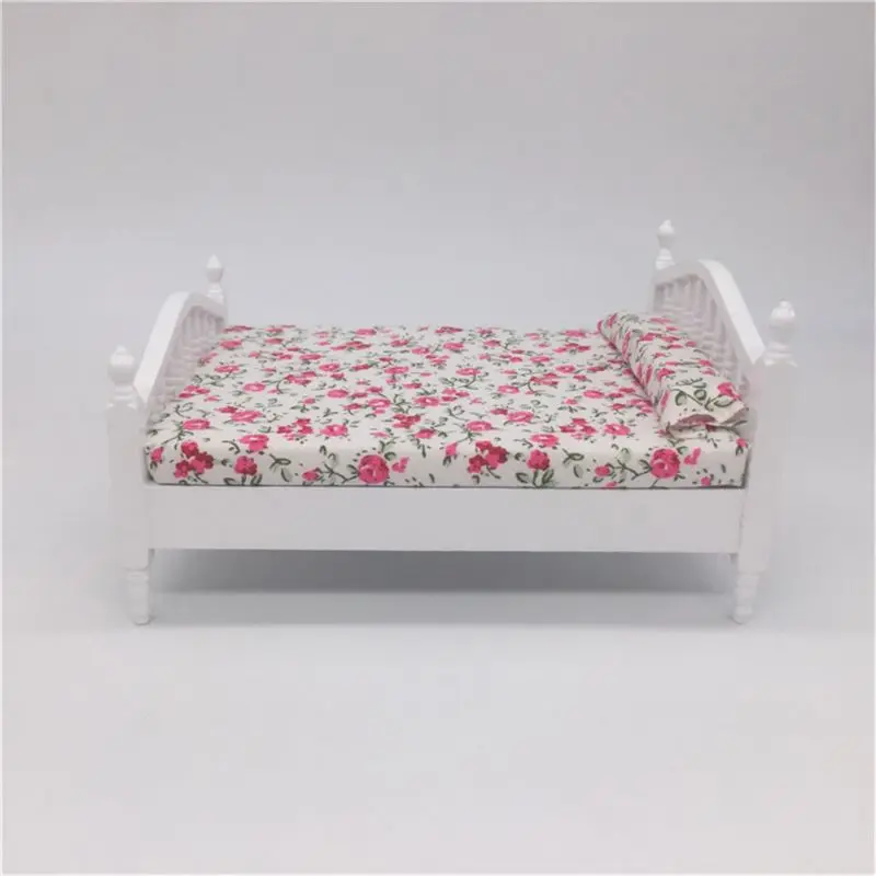 Dollhouse Accessories Wooden Double Queen Bed Flower Pattern Mini Furniture For 1/12 Scale Doll