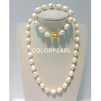 

WEICOLOR Hot !10x15MM Water Drop White Natural Freshwater Pearl And Golden Bead Jewelry Set (necklace and bracelet),Magnet Clasp