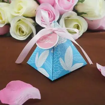 

(50 pieces/lot) Free Shipping Floral Triangular Pyramid Candy Box Cake Gift Box With Ribbon For Party Favors