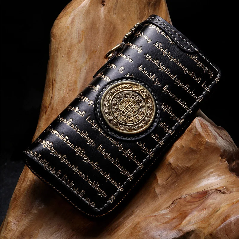 

Unisex Vintage Personality Handmade Large Capacity Wallet Long Tibetan Sanskrit Zipper Top Layer Leather Multi Card Holder Walle