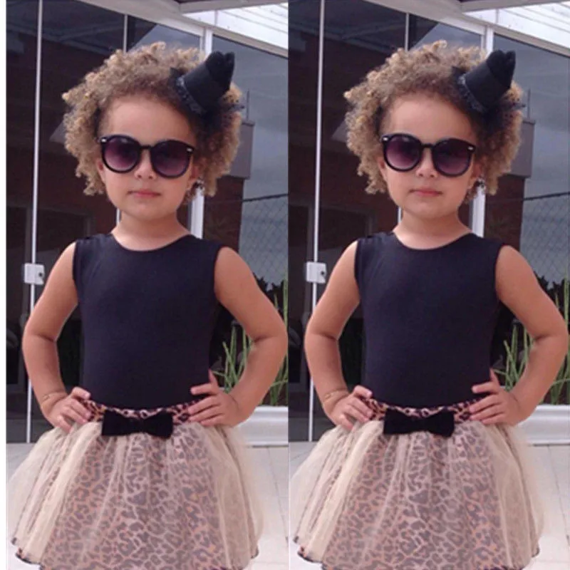 

Hot Sale Summer Clothes Set Kid Girl Sleeveless Round Collar Solid Black Top Lace Leopard Tutu Skirt 2Pcs Suit Outfit set 0-5 Y