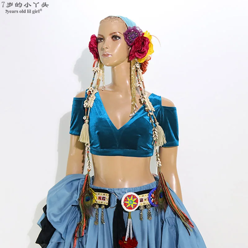 

Belly Dance Velvet Fat Chance Tribal Choli Belly Dance Costume Short Drop Sleeve Top CJJ14