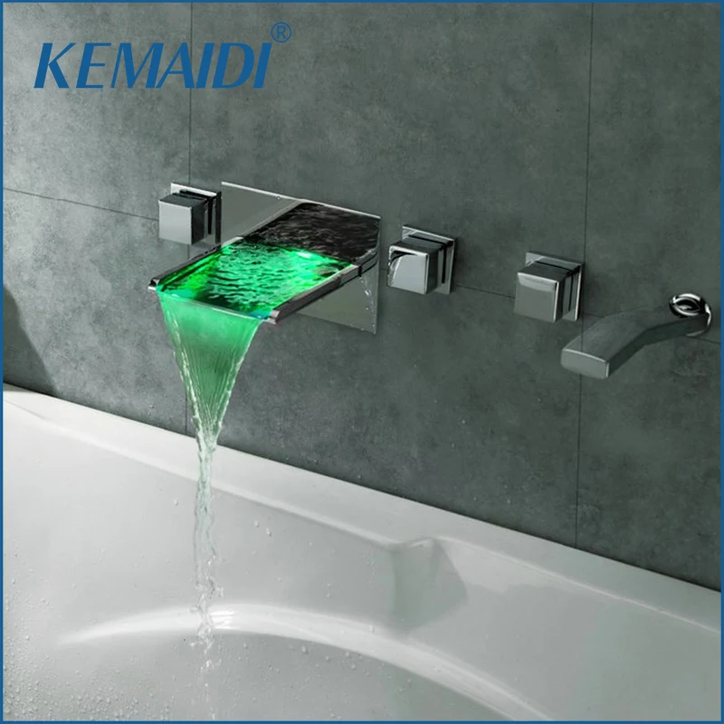 

KEMAIDI Wall Mounted Bathroom Faucets 5 Holes Temperature Sensor LED Waterfall Faucets Bathtub LED Faucet Set JN6603