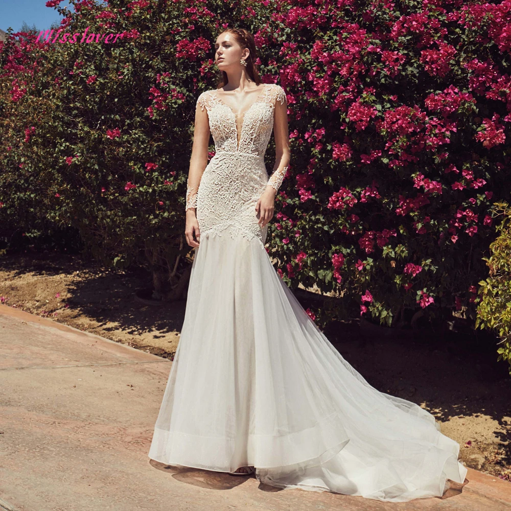 

Silky Organza Vestido De Noiva Luxury lace Mermaid Bride Wedding Dress 2019 new Bridal Gown Sexy V-neck backless Robe de mariee