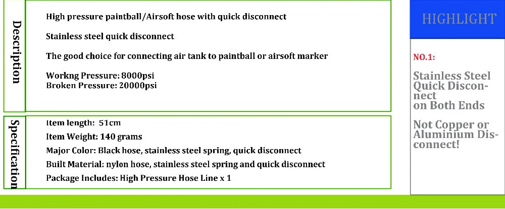 Пейнтбольный шланг высокого давления с быстрым отключением для заправки воздуха 51 см